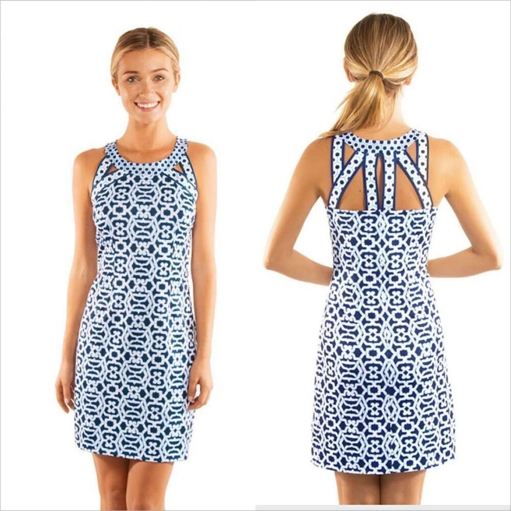 Gretchen Scott Isosceles Dress Size Small Geometric Rio Gio Navy White Jersey
